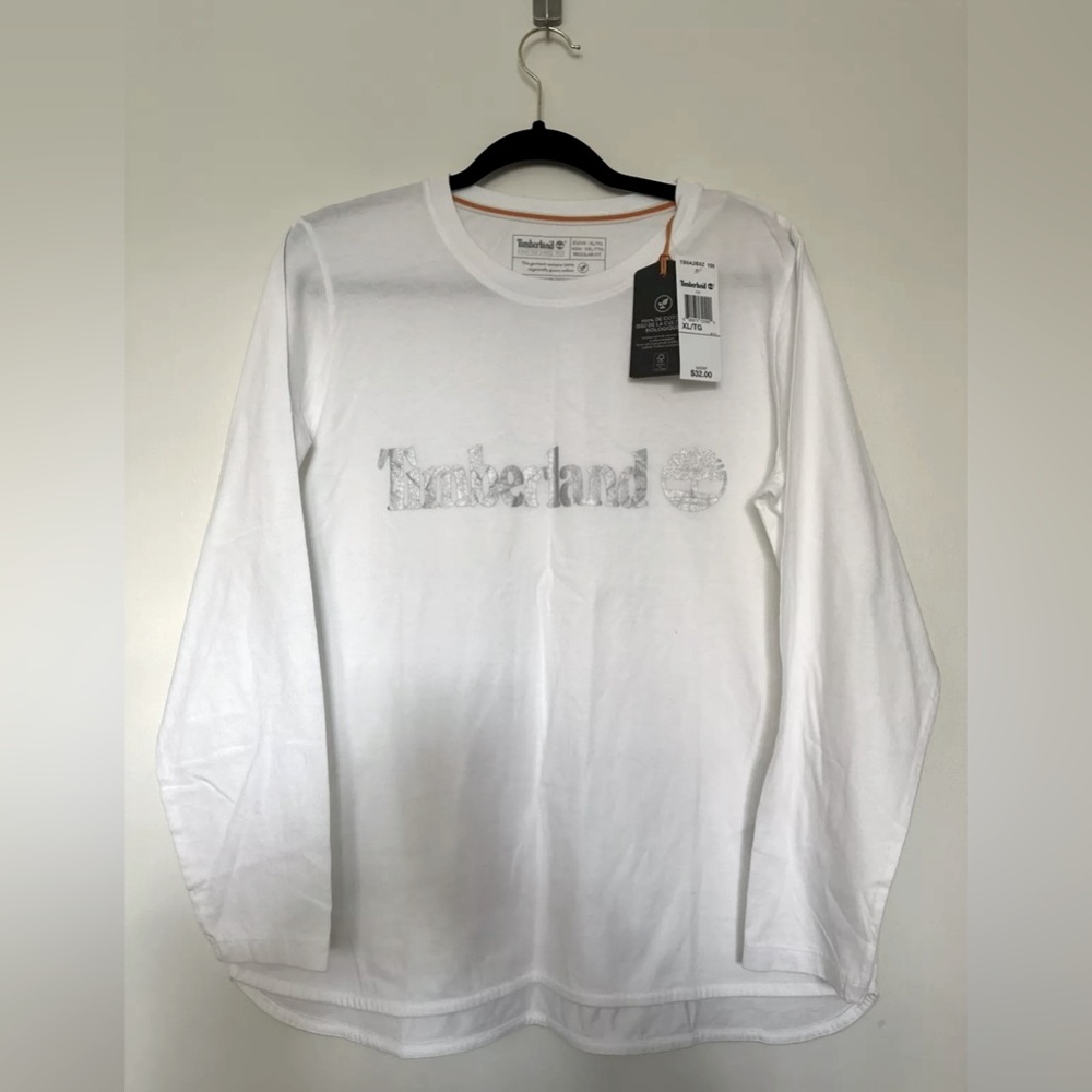 Timberland Boys  Long Sleeve Shirt Size XL Organic Cotton White/ Silver Logo New